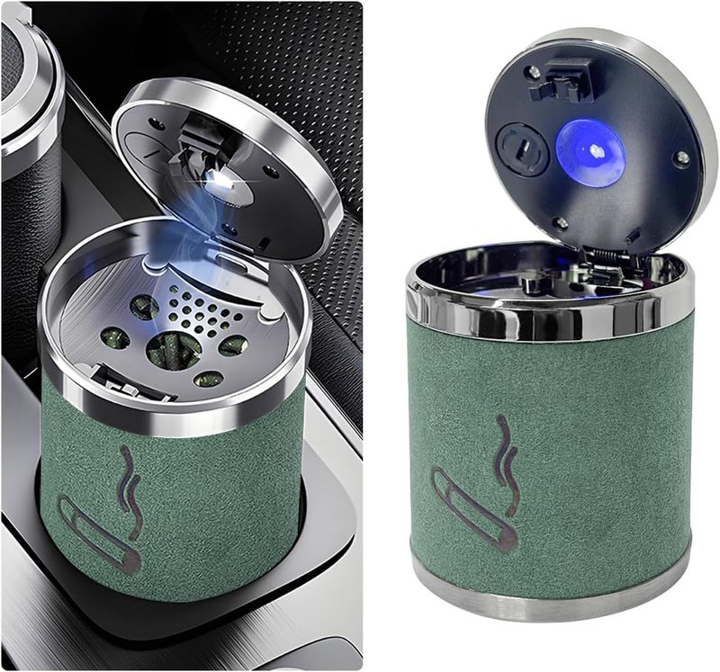 Wevdn Car Ashtray with Lid, Detachable & Portable Stainless Steel Smokeless Ashtrays for Car, Mini Universal Smell Proof Windproof Car Ashtray with LED Blue Light (Green-Plush Surface) - Image 1